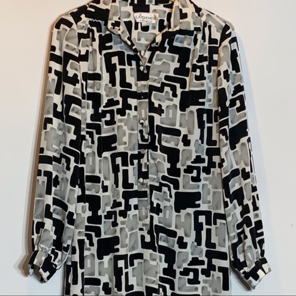 EUC Vintage La Chemise Black, White, and Gray Button‎ Bodice Sheath Style Dress